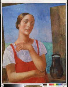 Mujer joven con un vestido de verano. Pintura de Kuzma Sergeevich Petrov Vodkin (Petrov-Vodkin) (Kouzma Petrov Vodkin) (Petrov-Vodkin) (1878-1939), óleo sobre lienzo