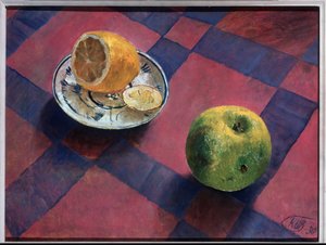 Manzana y limón. (Manzana y Limón). Pintura de Kuzma Sergeevich Petrov Vodkin (Petrov-Vodkin) (Kouzma Petrov Vodkin) (Petrov-Vodkin) (1878-1939), óleo sobre lienzo de Kuzma Sergeevich Petrov Vodkin