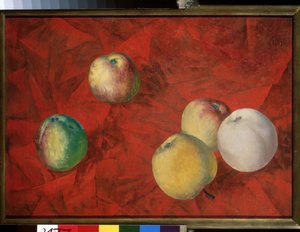 Manzanas sobre un fondo rojo. (manzanas En El Fondo Rojo). Pintura de Kuzma Sergeyevich Petrov Vodkin (Petrov-Vodkin) (Kouzma Petrov Vodkin) (Petrov-Vodkin) (1878-1939), óleo sobre lienzo de Kuzma Sergeevich Petrov Vodkin