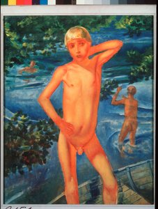 Chicos bañándose. Pintura de Kuzma Sergeevich Petrov Vodkin (Petrov-Vodkin) (Kouzma Petrov Vodkin) (Petrov-Vodkin) (1878-1939), óleo sobre lienzo de Kuzma Sergeevich Petrov Vodkin