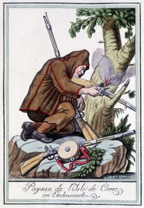 Campesino de la Isla de Córcega en emboscada - en "Encyclopédie des voyages" de J. Grasset St Sauveur, Deron, París de L.F. Labrousse
