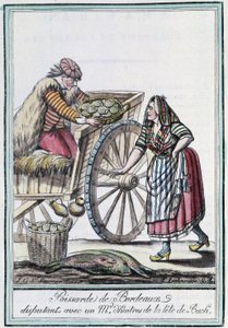 Pescadera de Burdeos discutiendo con un comerciante de ostras de la cabeza de Buch - en "Encyclopedia of travels" de J. Grasset St Sauveur, Deron, París de L.F. Labrousse