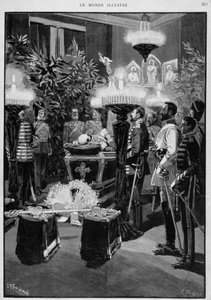 Exposición del cuerpo del Emperador ruso Alejandro III. Dibujo de Moulignié. "El Mundo Ilustrado" de L. Moulignie
