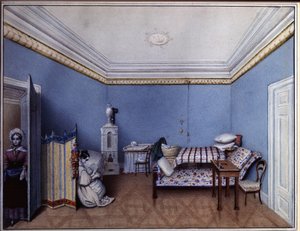"En el dormitorio" Acuarela de L. Hern (siglo XIX) 1835 A. Museo Conmemorativo Pushkin, San Petersburgo de L. Hern