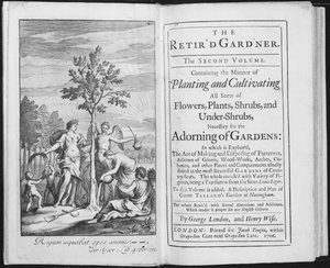 Portada de The Retird Gardener por George London y Henry Wise, grabado por Van der Gucht, 1706