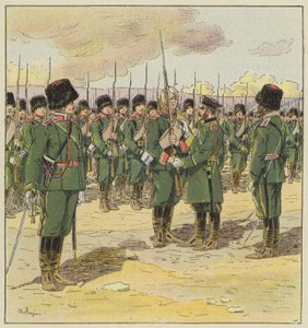 El general Kouropatkine pasa revista a las tropas después de la batalla de Kin-Tcheou de L. Malespine