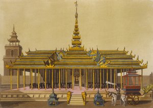 El Rey de Siam se dirige a los cortesanos en su pabellón, lámina 69 de El Traje Antiguo y Moderno por Jules Ferrario, grabado por Gaetano Zancon, publicado en la década de 1820-30 de L. Rossi