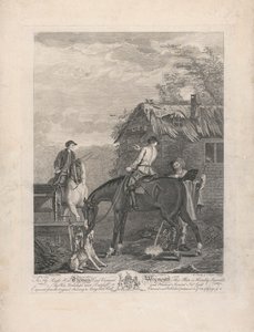 Un conjunto de siete, sin título, cada uno dedicado: Al Muy Honorable. Thomas Lord Viscount Weymouth... del cuadro original de Long Leat Hall. [Centro, un gris sostenido por un sirviente de caza, con otros caballos y sabuesos....]