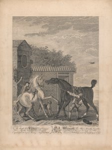 Un conjunto de siete, sin título, cada uno dedicado: Al Muy Honorable. Thomas Lord Vizconde Weymouth... de la Pintura Original en Long Leat Hall. [Dos caballos parados inquietos fuera de un establo...]