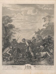 Un conjunto de siete, sin título, cada uno dedicado: Al Muy Honorable. Thomas Lord Vizconde Weymouth... de la Pintura Original en Long Leat Hall. [Tres hombres excavando la tierra de un zorro, observados ansiosamente por sabuesos...] de L. Truchy