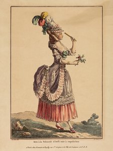 La Gallerie des Modes; Le Clerc; Dupin - grabado coloreado - Vestido a la polonesa de tela lisa con capucha de La Gallerie des Modes, Le Clerc, Dupin