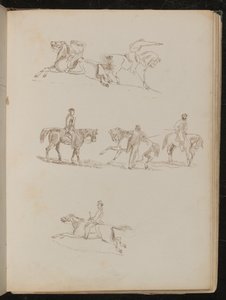 Seis estudios de caballos con varios jinetes masculinos en varias poses, uno con pistola levantada de Lady  Butler