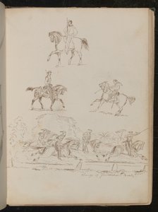 Estudios de soldados a caballo, la escena de grupo está inscrita 