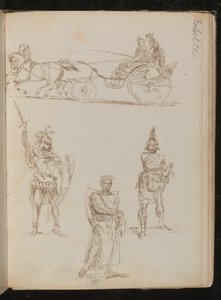 Estudio de un carruaje tirado por caballos con tres ocupantes, tres estudios de guerreros grecorromanos con armas y escudos de Lady  Butler