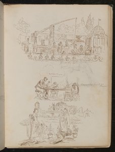 Escena de jardín y lavandería con figuras femeninas, y un estudio de cuatro figuras