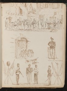Escena de ciudad con soldados bebiendo, estudio de un puesto de mercado, estudio de un guardia nacional piamontés, estudio de cuatro soldados y banderas cruzadas de Lady Butler