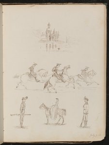 Cinco estudios de una iglesia, soldados de gala a caballo, un soldado de guardia y una mujer montando de lado de Lady Butler