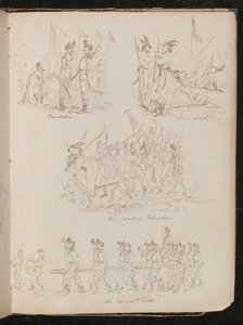 Cuatro escenas de batallón con la inscripción "Wimbledon", "Down South", "The Yankee Volunteers", "The British Ditto" con variedad de tipos de soldados de Lady Butler