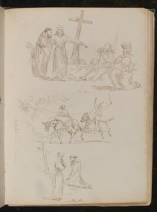 Cuatro figuras junto a una cruz de madera, estudio de dos jóvenes con palos en burros, estudio de dos monjes, uno arrodillado ante una cruz de madera de Lady Butler