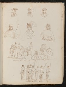 Cuatro estudios de bustos masculinos, dos de una mujer con parasol, estudio de grupo de hombres y mujeres a caballo, estudio de grupo de soldados de Lady Butler