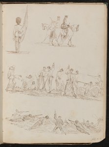 Cuatro estudios de soldados, mujeres montando y batallas de Lady Butler