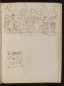 Escena de recepción con múltiples figuras con banderas y estandartes de Lady Butler