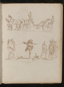 Oficial con sombrero de copa y charreteras en carruaje tirado por caballos, estudio de seis soldados mediterráneos y un perro