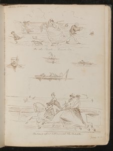 "En el desfile, un día ventoso", barcos con excursionistas, jinetes a caballo con la inscripción "montando con el maestro" de Lady Butler