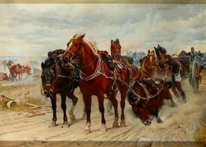 Héroes pacientes, un equipo de artillería a caballo real en acción de Lady Butler