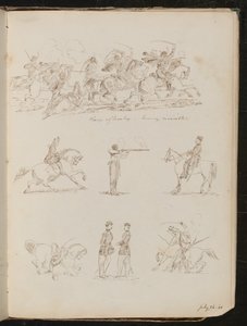 Siete estudios de batallas de caballería, soldados y una mujer montando de Lady Butler