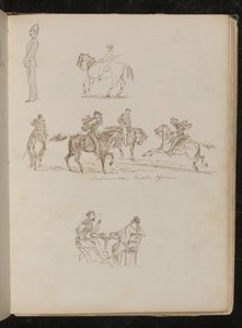 Soldado de uniforme completo, estudios de un joven con caña de pescar a caballo, cuatro hombres a caballo de Lady Butler