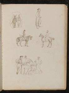 Estudios de figuras masculinas con caballos, estudio de un soldado fumando y con espada, estudio de tres vendedores de frutas con puesto de Lady Butler
