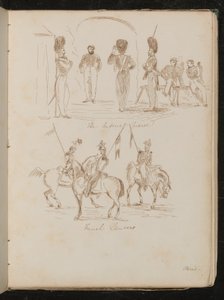 Estudios de soldados con la inscripción "Guardias Imperiales", soldados con banderas a caballo con la inscripción "Lanceros Franceses"