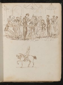 Estudio de una escena de café con soldados leyendo periódicos con la inscripción "Noticias de Gaela - un café en Génova" de Lady Butler