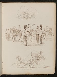 Estudio de un barco en el agua, estudio de ocho soldados y cinco caballos, estudio de un caballo y un carruaje con una jinete de Lady Butler