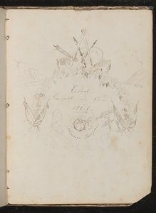 Estudio de materiales de artistas, mariposa, flores, banderas, acantilado y guirnalda en formación de escudo de armas alrededor de la inscripción "Terminado el 12 de agosto de 1861" de Lady Butler