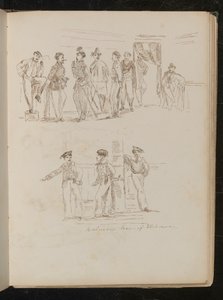 Estudio de ocho soldados de pie en un interior, estudio de tres soldados sardos de Lady Butler