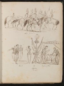 Estudio de soldados a caballo con la inscripción "Life Guards", estudio de grupos de soldados con banderas, fumando y bebiendo de Lady Butler