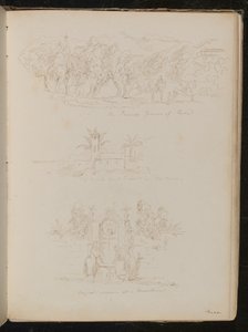 Estudio de "los cultivadores de naranjas de Niza", estudio arquitectónico de "una iglesia y convento en el camino", estudio de "mujeres de Niza en una fuente" de Lady Butler