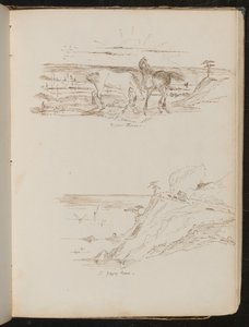 Estudio de dos caballos en paisaje, estudio de escena costera y acantilado