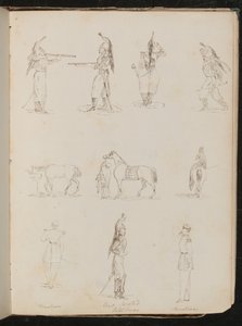 Diez estudios de soldados, caballos, mujer montando de lado de Lady Butler