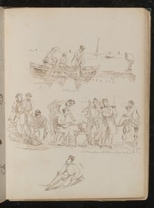 Tres figuras en un bote de remos, escena de mercado con ocho figuras de Lady Butler