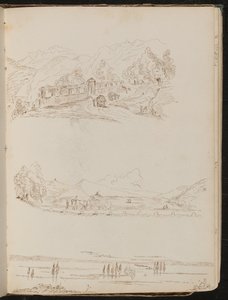 Tres estudios de escenas campestres con viviendas, caballos tirando de un carro y cuerpo de agua de Lady Butler