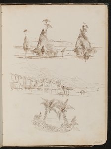 Tres estudios de islas rocosas, un paisaje acuático con personas y botes, y palmeras de Lady Butler
