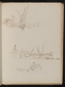 Tres estudios de barcos y paisaje costero de Lady Butler