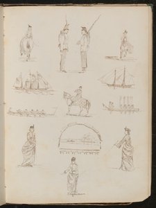 Doce estudios mostrando a una mujer montando de lado, soldados conversando, barcos, trompetero a caballo