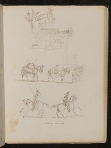 Fuente de agua en follaje, estudio de tres caballos de carga unidos, estudio de dos soldados a caballo de Lady Butler