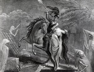 Lenore cabalgando con la Muerte, ilustración para el poema Lenore de Gottfried Augustus Burger, dibujo de Diana Beauclerk para la edición de 1796 publicada por Harding Pall Mall