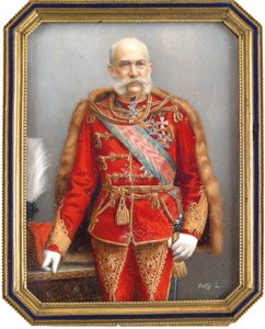 Retrato de Francisco José I de Austria (1830-1916), con uniforme húngaro. Obra de Lajos Osko (1865-1922), acuarela y gouache sobre cuerno. Arte húngaro, arte académico. Colección privada.