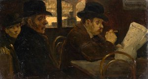 Lectores de periódicos en la sala de espera de la estación central de Munich de Lajos Tegyey